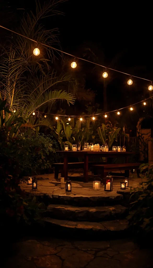 A beautiful backyard stone patio at night lit by warm overhead festoon string lights, multiple flickering wax candle lanterns on a dark wooden dining table and steps, surrounded by dark tropical foliage.